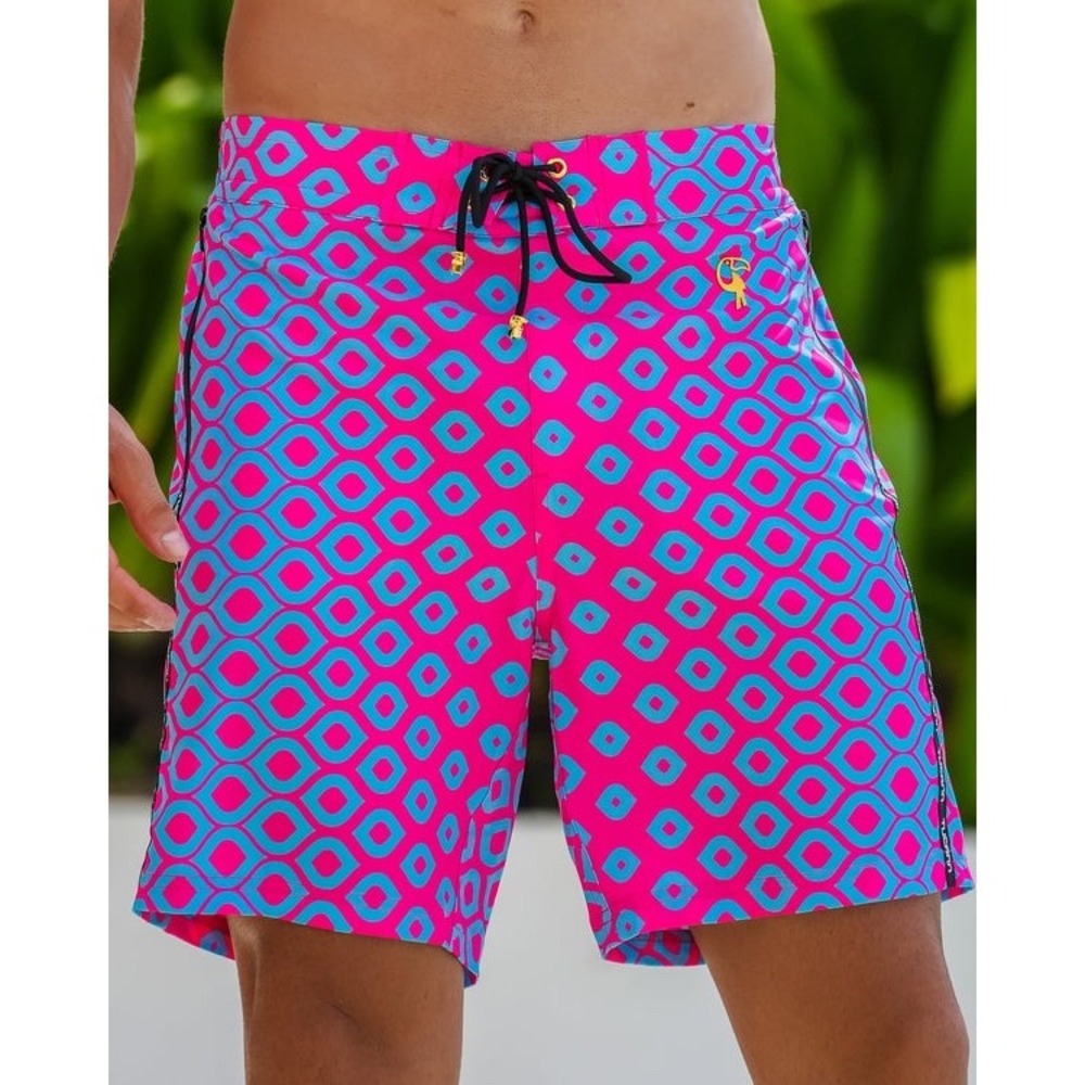 NEW Tucann Mati Flux 7 Mens Swim Trunks Pink Blue Geometric Compression Liner XL